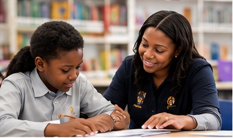 An educator guiding a learner through written work
