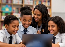An educator and three learners gathered around a laptop